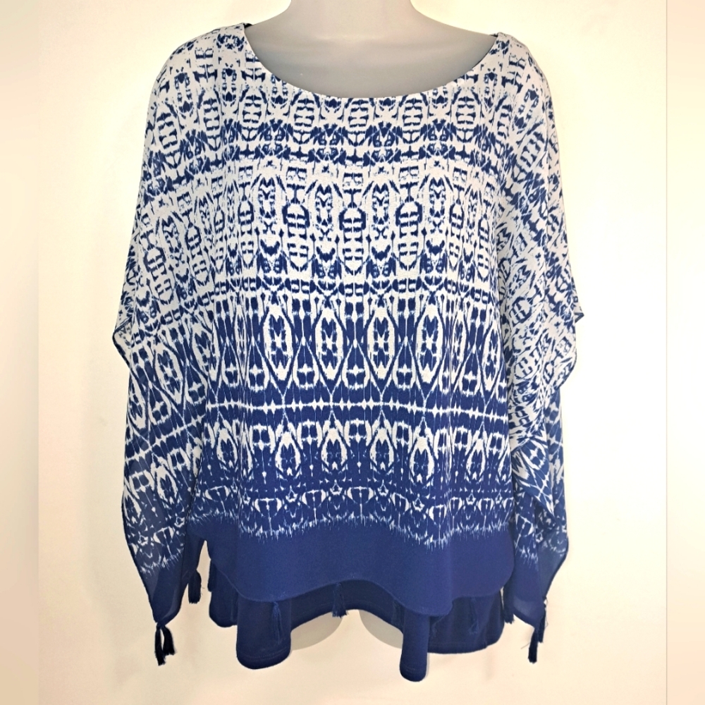 Ruby Rd Shirt Medium Womens Blue Batik Pullover Layered BohoTrapeze Tassel